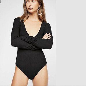 Free People Cozy Up To Me Ribbed Bodysuit in Black Intimate Sexy Boho S